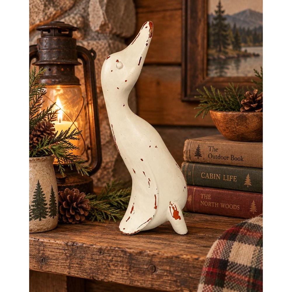 Vintage Primitive Folk Art Goose Figurine Distressed Ivory Country Decor